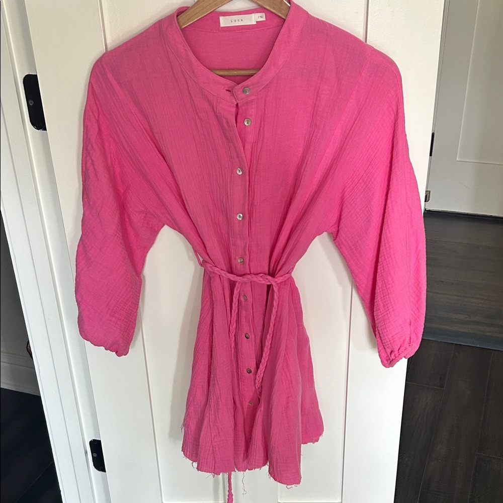 Lush Vibrant Pink Button-Front Mini Dress